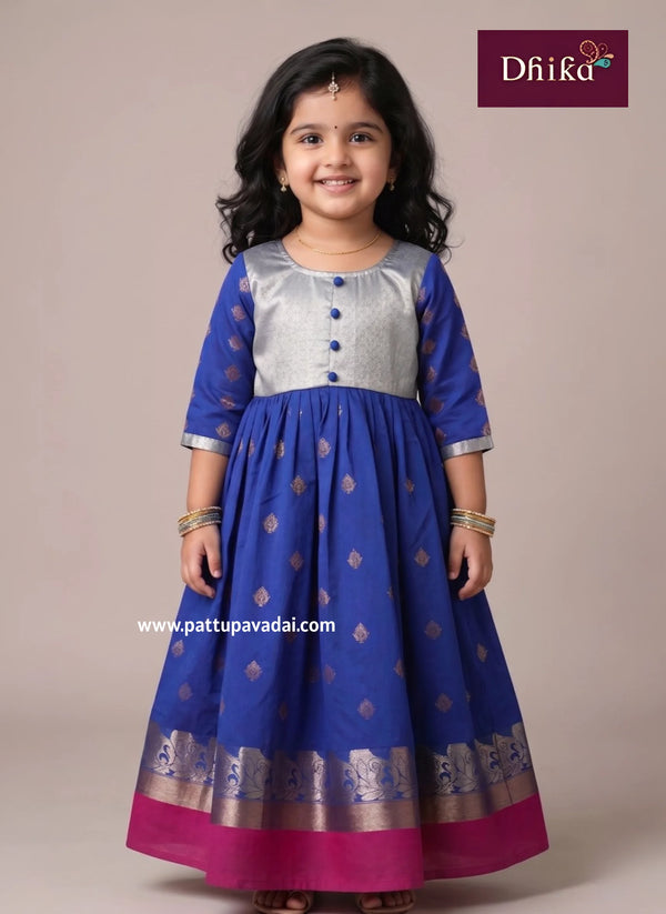 blue and grey kids silk long gown baby girl festive wear with pink brocade yoke and cotton lining