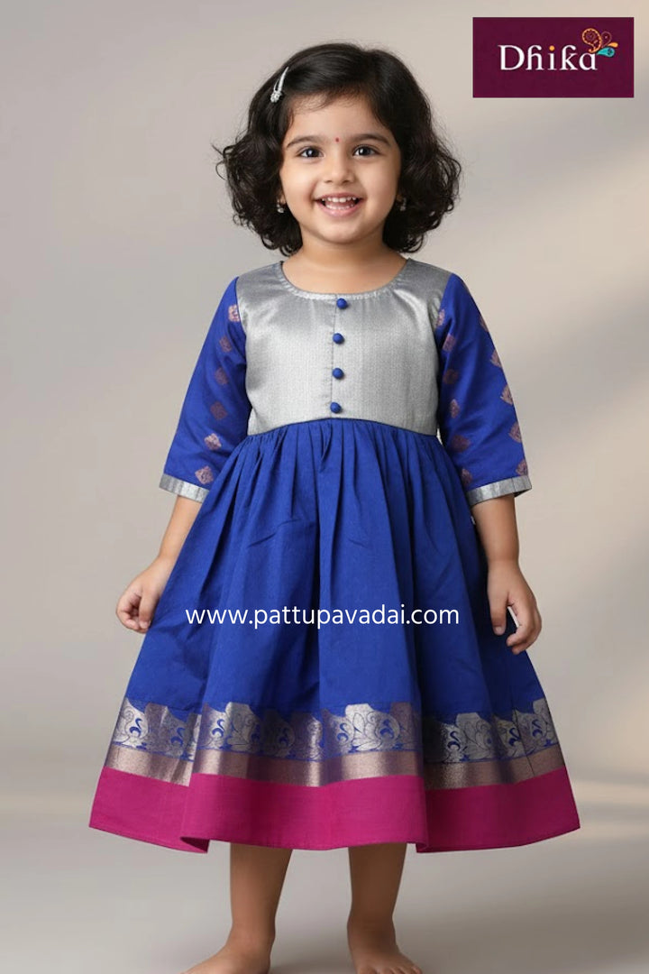 blue and grey kids silk long gown baby girl festive wear with pink brocade yoke and cotton lining
