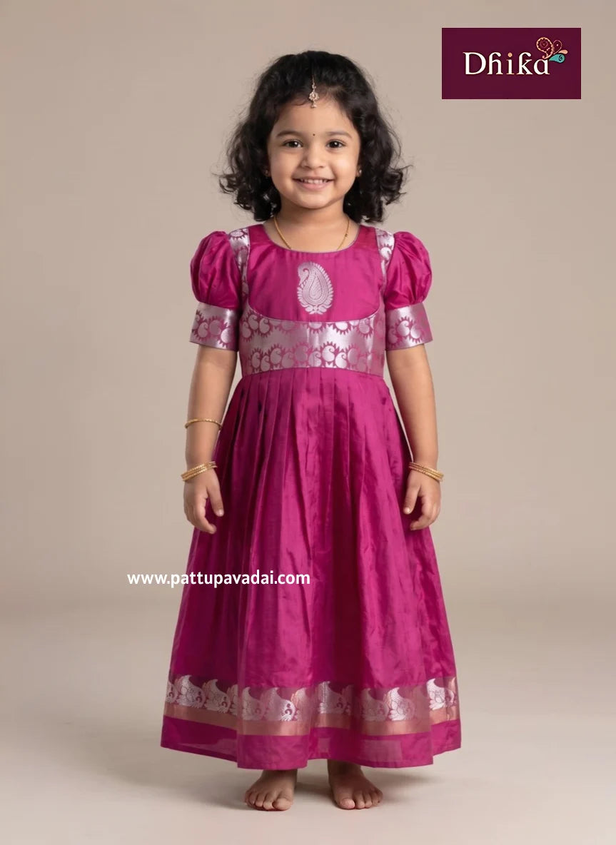 magenta and silver silk long gown for kids traditional festive long dress with soft cotton lining