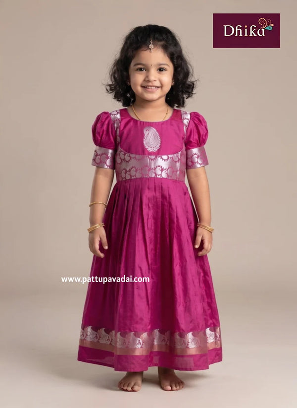magenta and silver silk long gown for kids traditional festive long dress with soft cotton lining