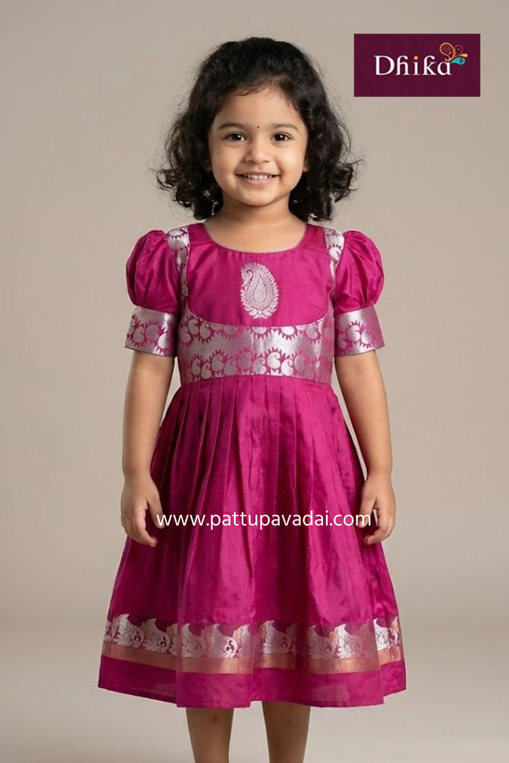 magenta and silver silk long gown for kids traditional festive long dress with soft cotton lining