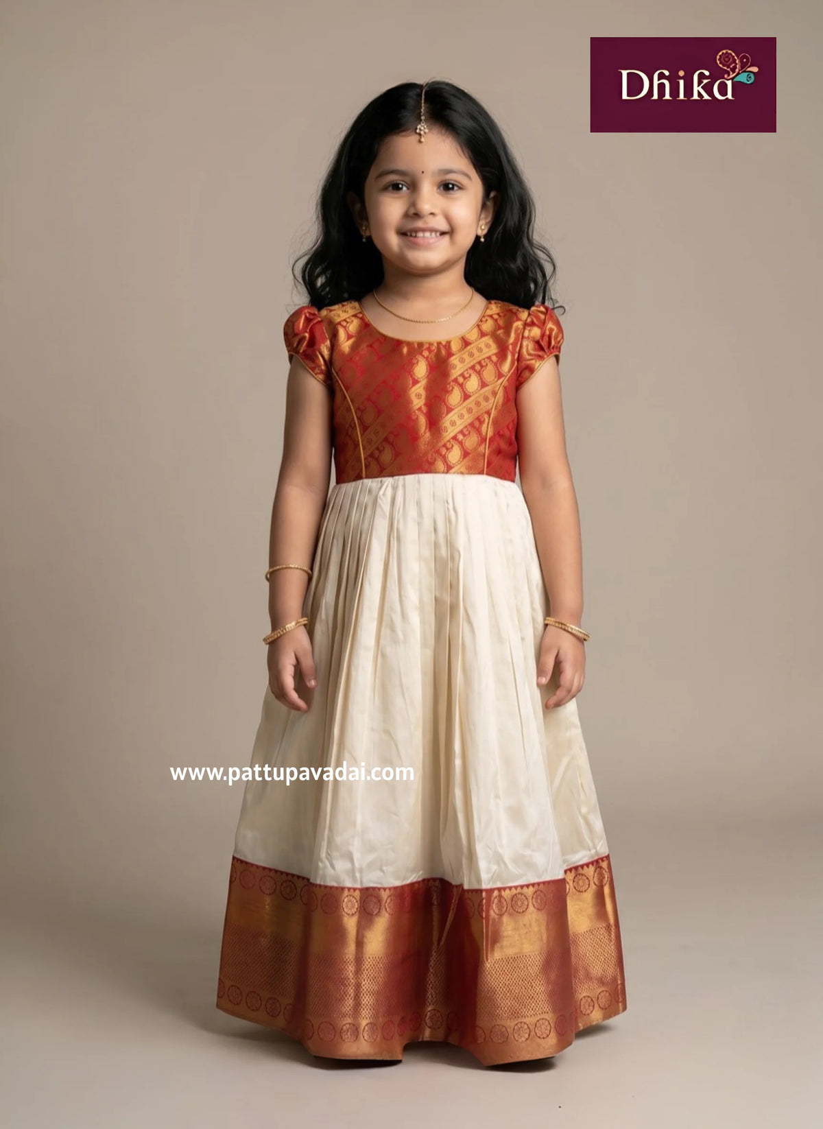 kids sandal and red silk long gown traditional festive long dress with piping yoke and cotton inner lining