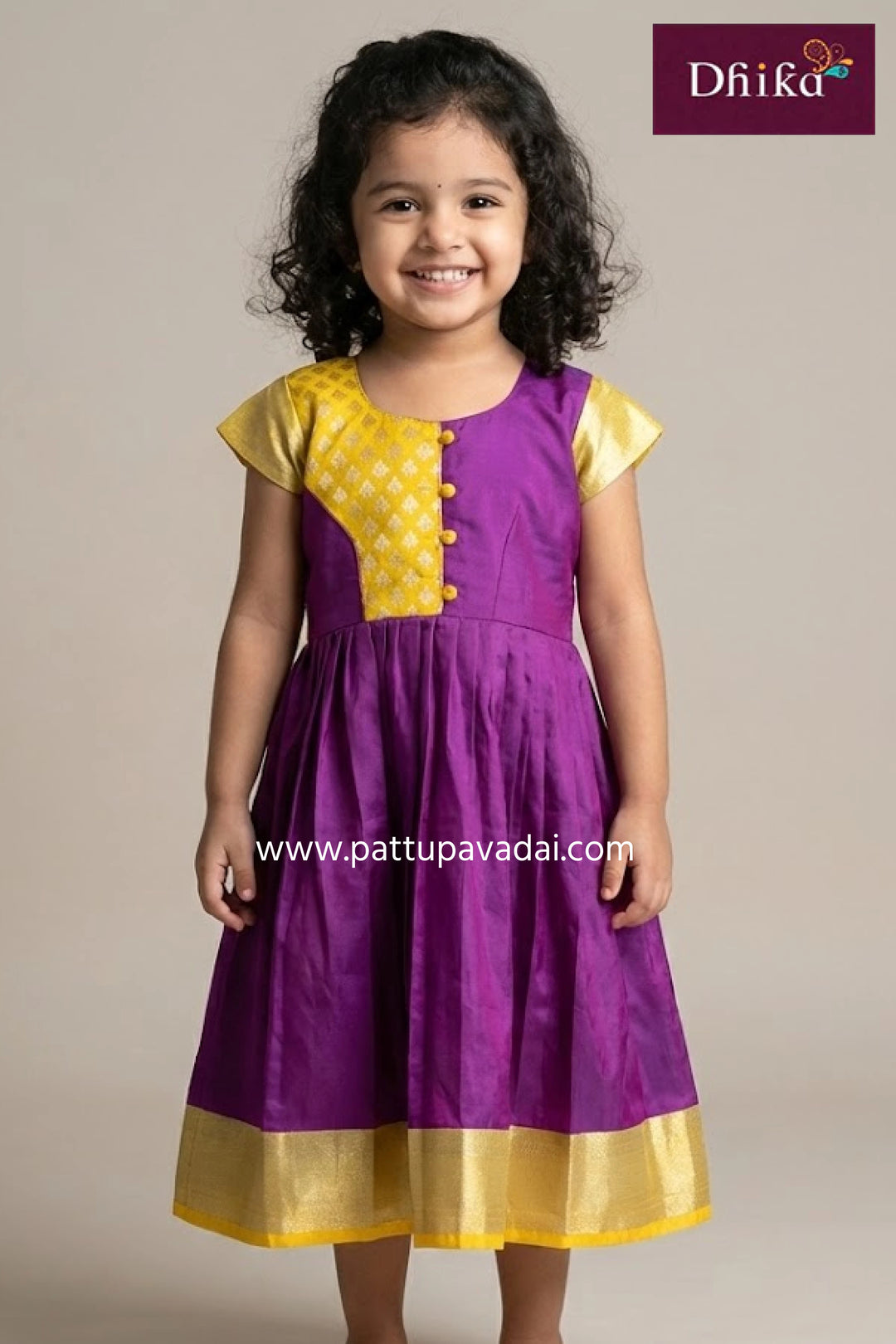kids yellow and violet silk long gown traditional festive dress with silver zari border and bead yoke detailing