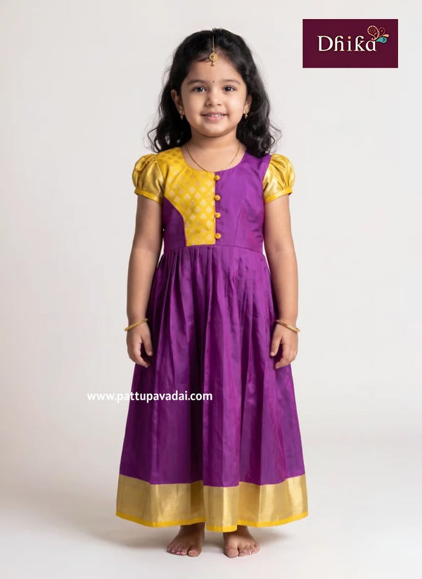 kids yellow and violet silk long gown traditional festive dress with silver zari border and bead yoke detailing