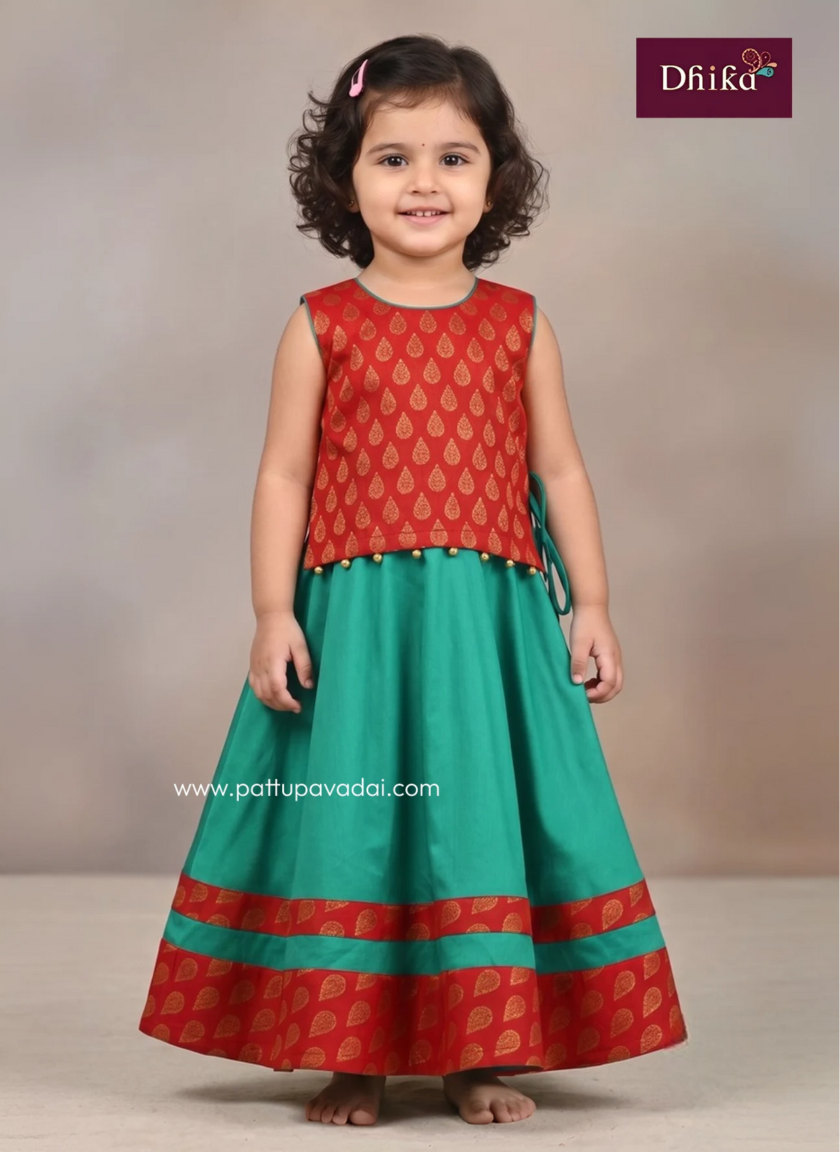 Sleeveless_Green_and_Red_Chanderi_Langa_Brocade_Fancy_Langa_Set_for_Kids