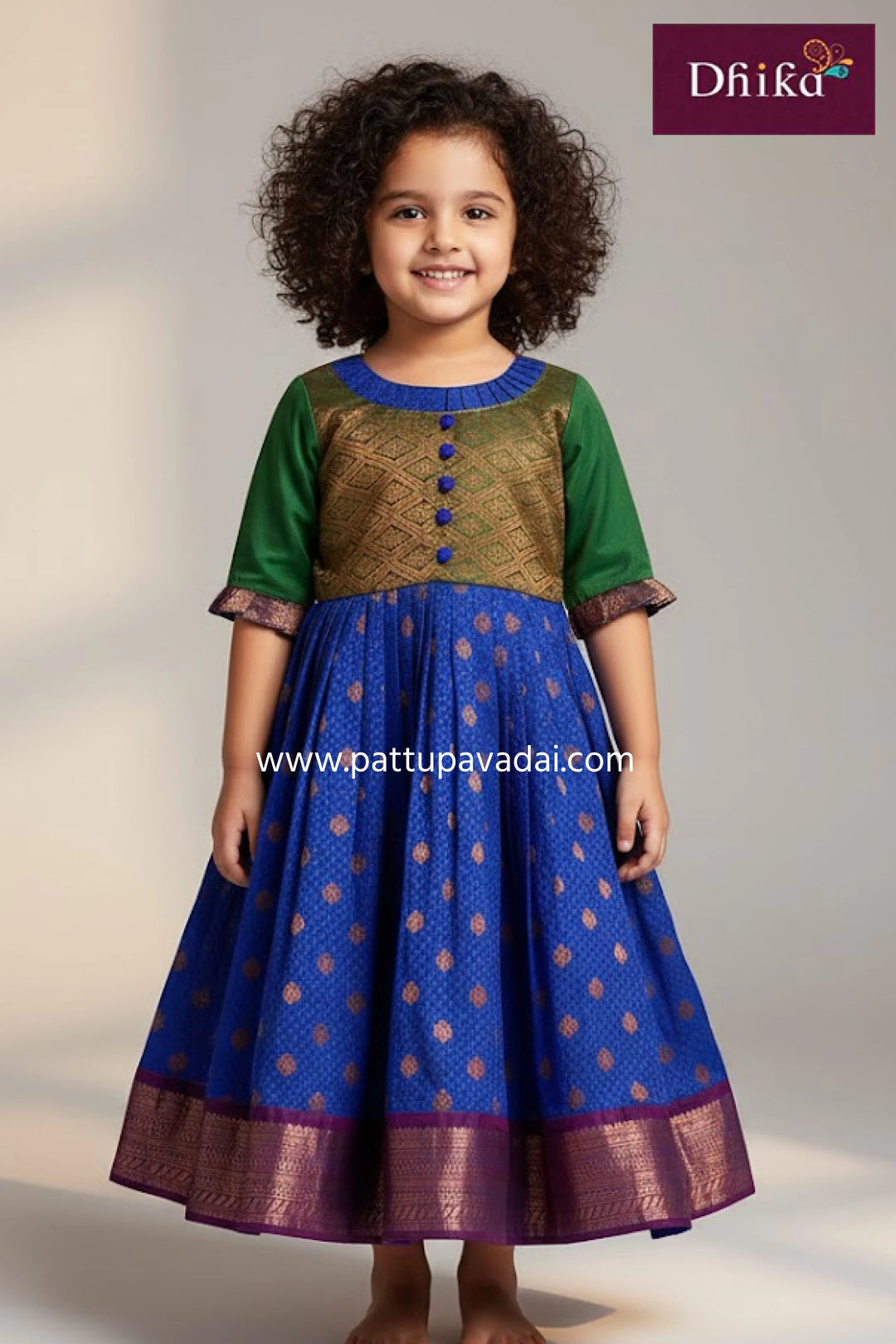 kids blue and green soft silk long gown traditional festive long dress with copper zari border and cotton inner lining