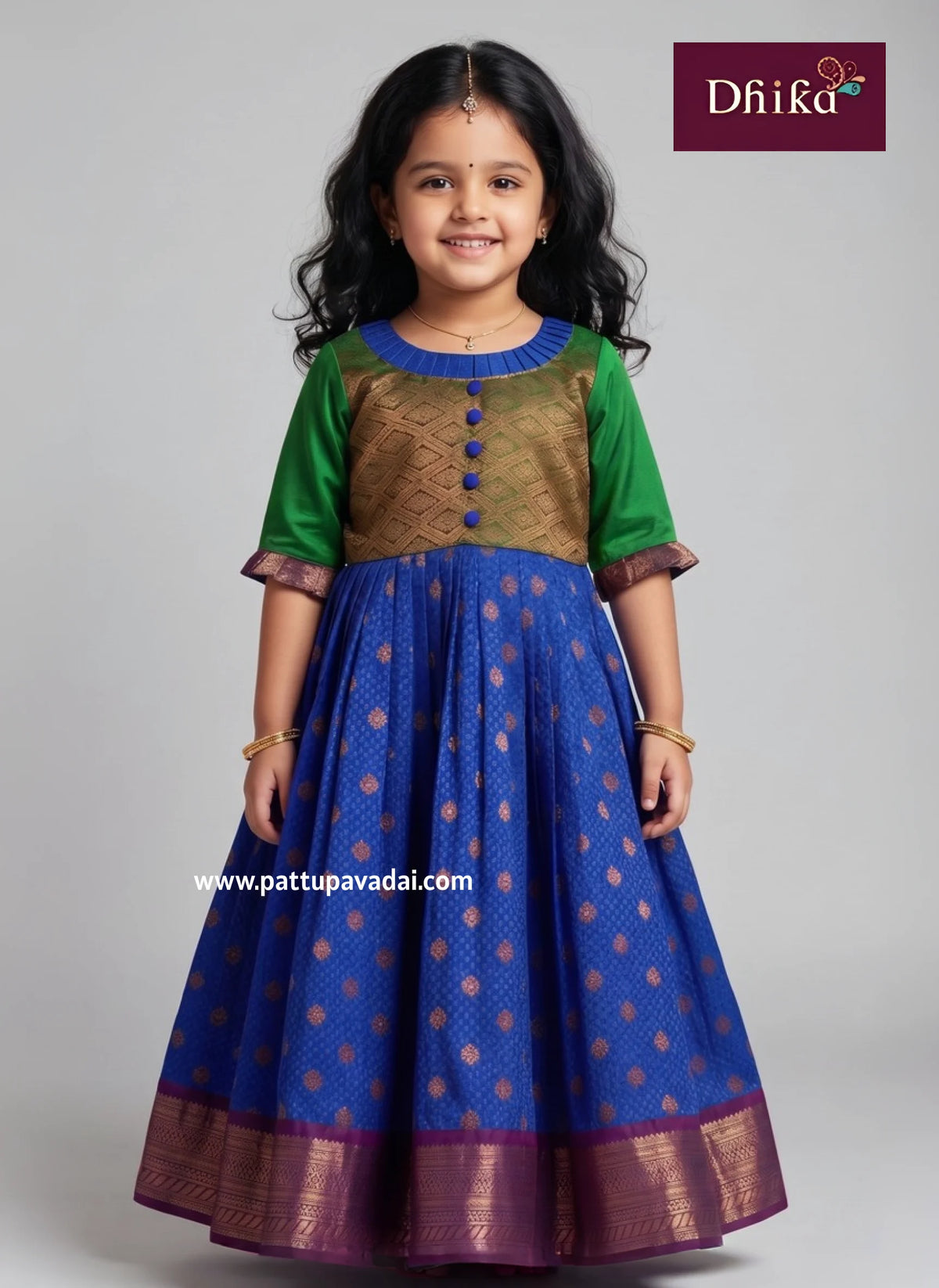 kids blue and green soft silk long gown traditional festive long dress with copper zari border and cotton inner lining