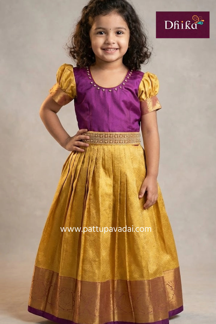 magenta and gold soft silk long gown pattu frock for baby girl inspired by pattu pavadai for kids available online at pattupavadai.com