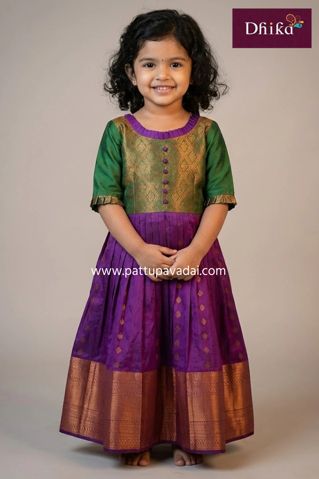 kids violet and green soft silk long gown traditional festive dress with copper zari border and cotton inner lining