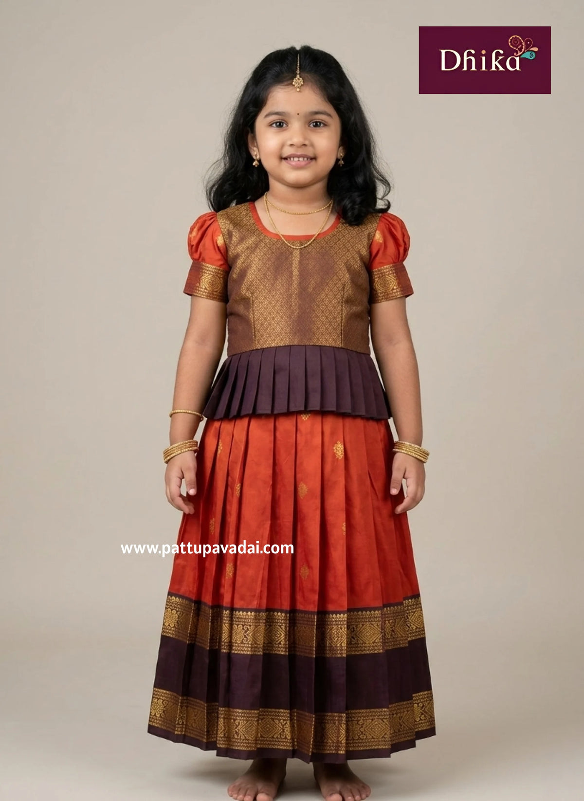 rust orange brown soft silk pavadai for girls traditional kids ethnic festive wear