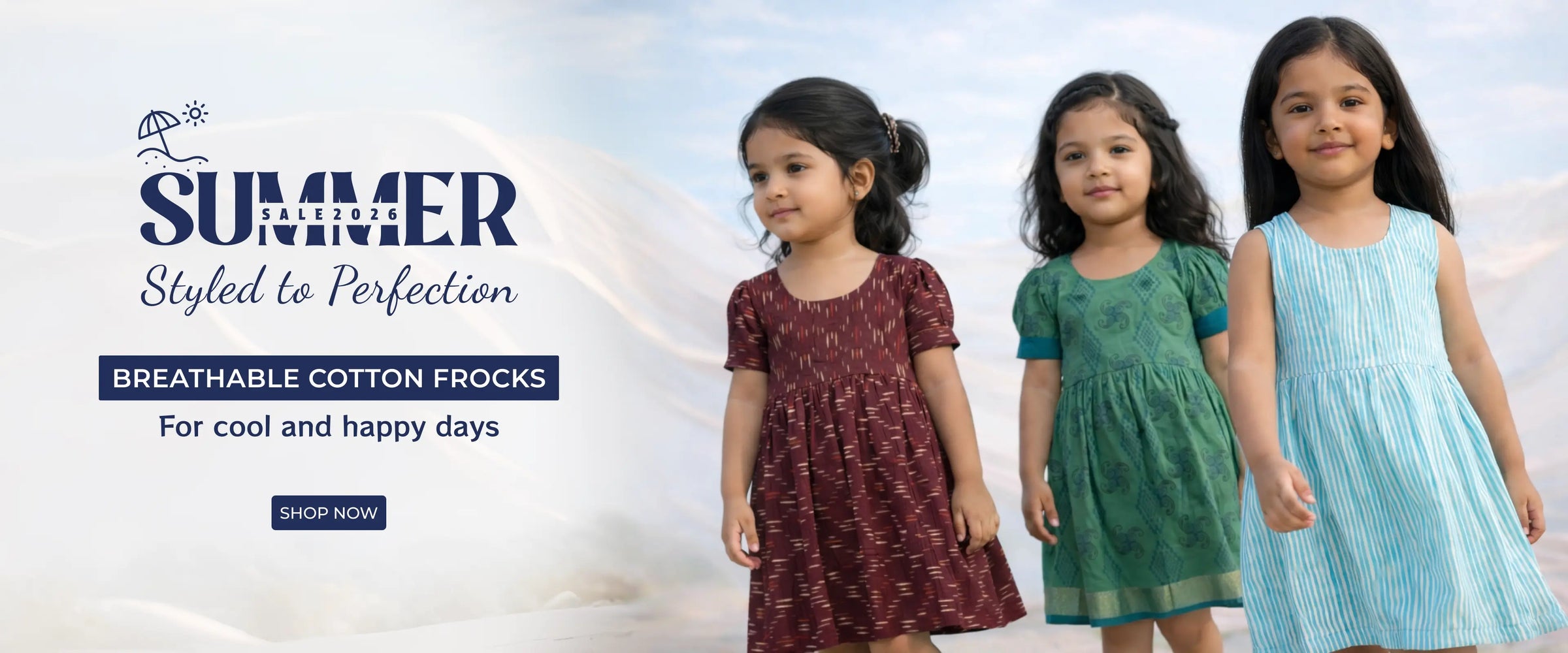 A cheerful summer-themed display featuring girls wearing colorful dresses, light fabrics, and floral patterns, enjoying sunny weather with a vibrant backdrop of flowers and pastel tones, highlighting a seasonal fashion sale.