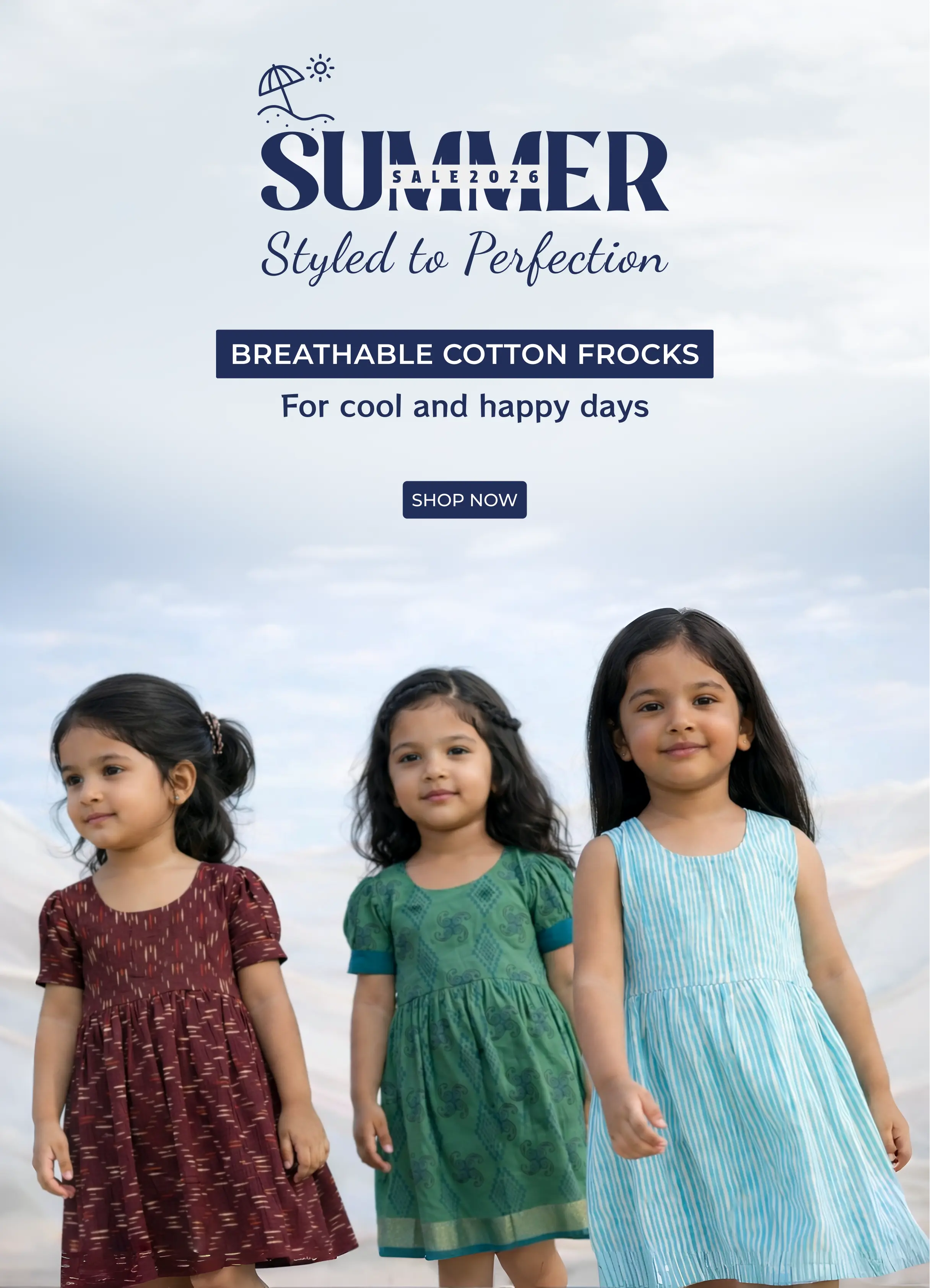 Smiling girls dressed in trendy summer outfits like shorts, skirts, and airy tops, posing outdoors under bright sunshine with playful props and soft pastel scenery, promoting a fun and stylish seasonal sale.