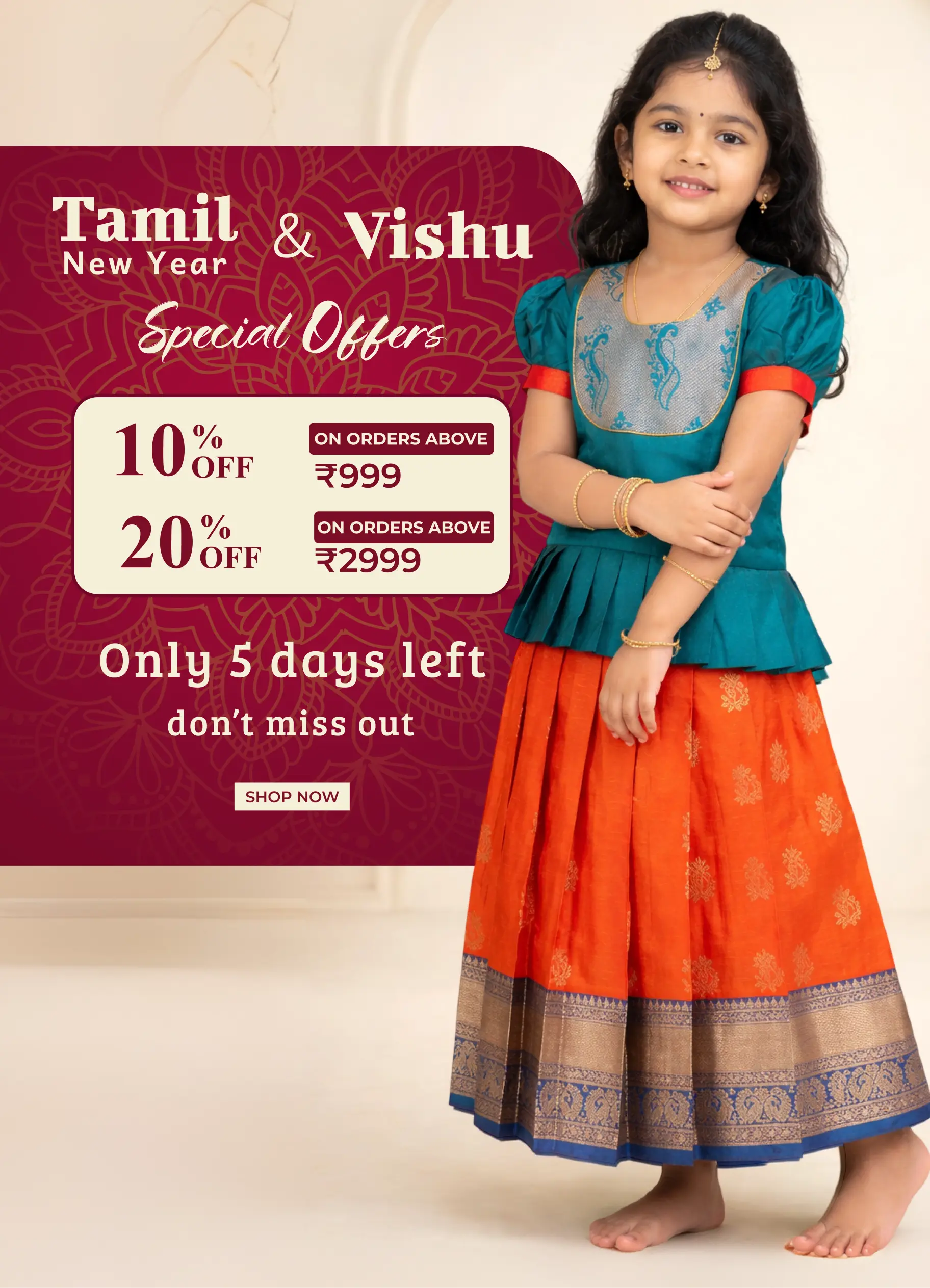 Girl wearing green blouse and orange silk cotton pattu pavadai traditional dress for Tamil New Year festival sale