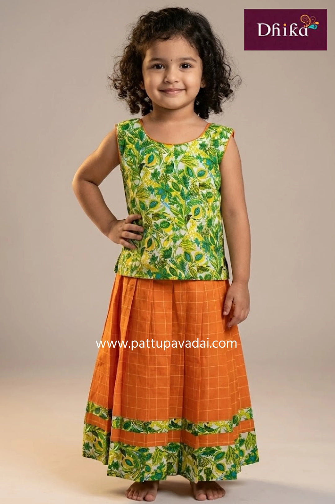 Traditional Cotton Pavadai Green and Orange