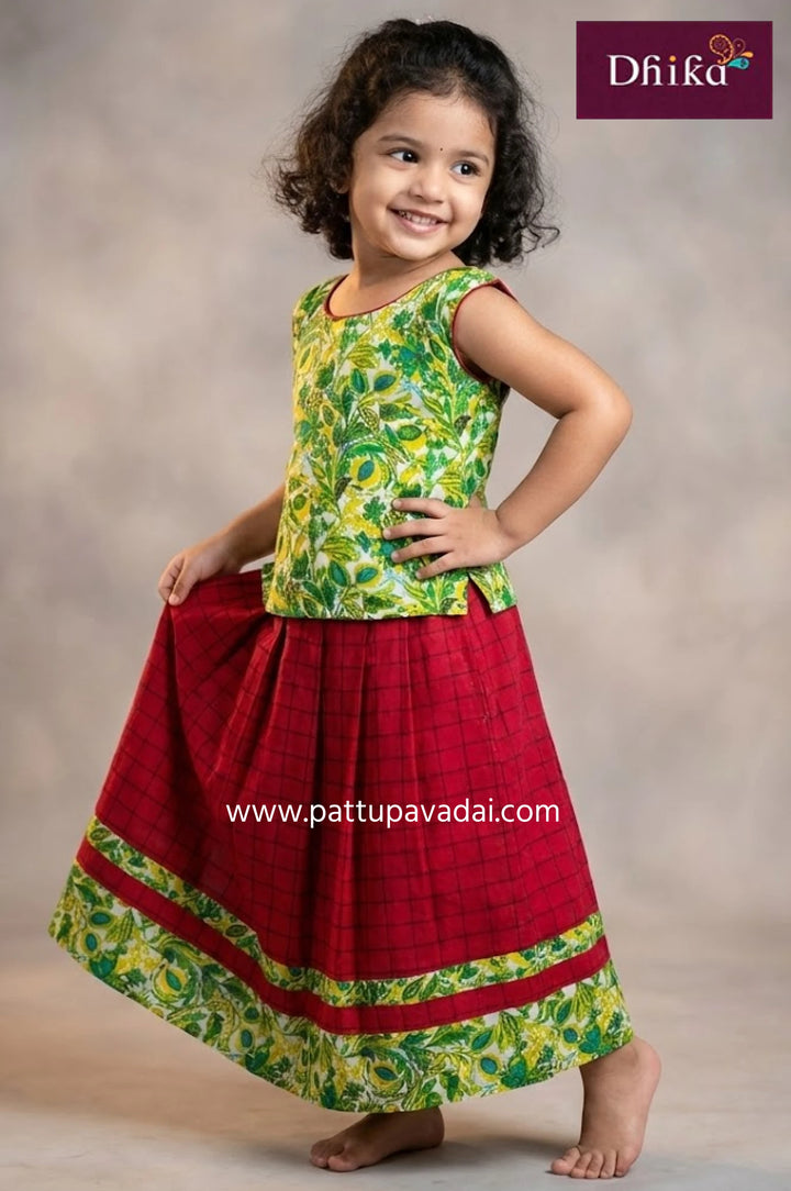 Traditional Cotton Pavadai Red and Green