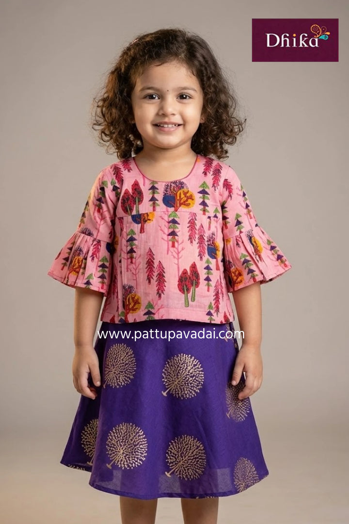 trendy violet and pink cotton pavadai set for kids with umbrella skirt and bell sleeves from pattupavadai.com