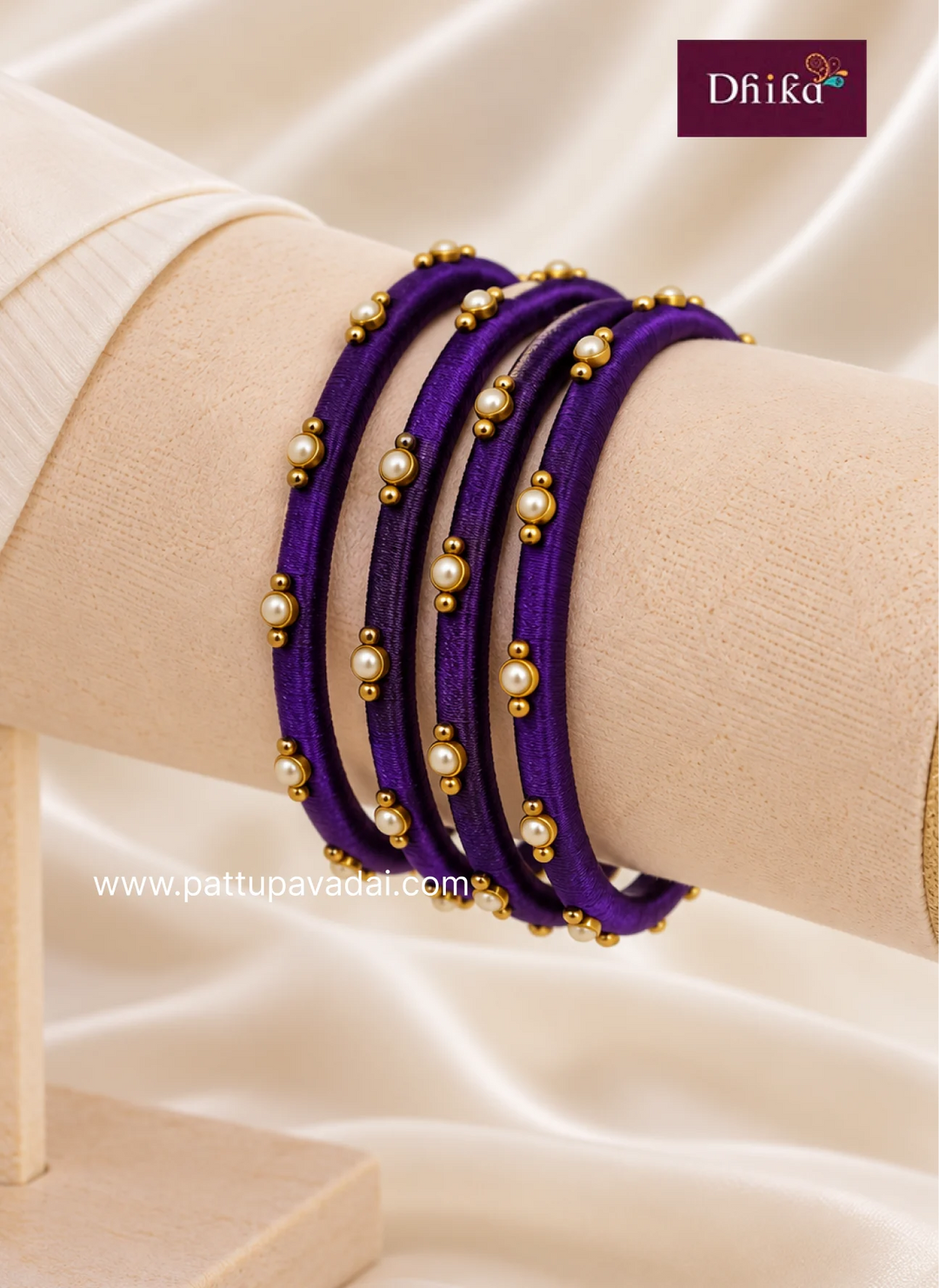 violet and golden silk thread bangles 4 pcs