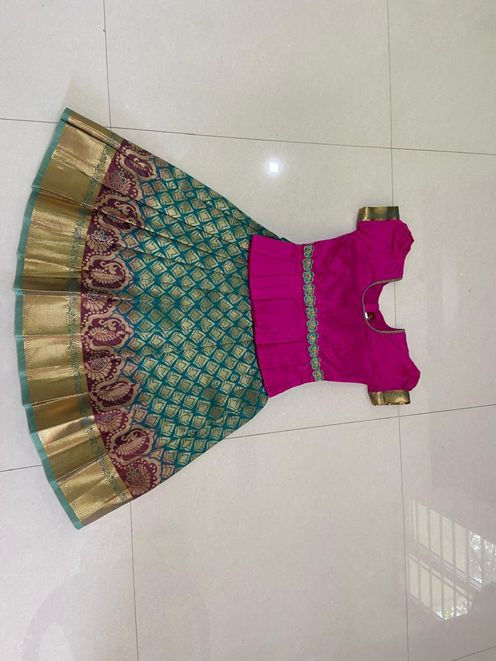 Semi Kanchi pattu pavadai blue and pink