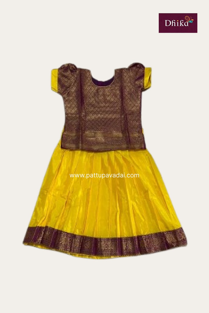 Kids Soft Silk Pavadai – Yellow & Purple | Traditional Pattu Pavadai for Girls