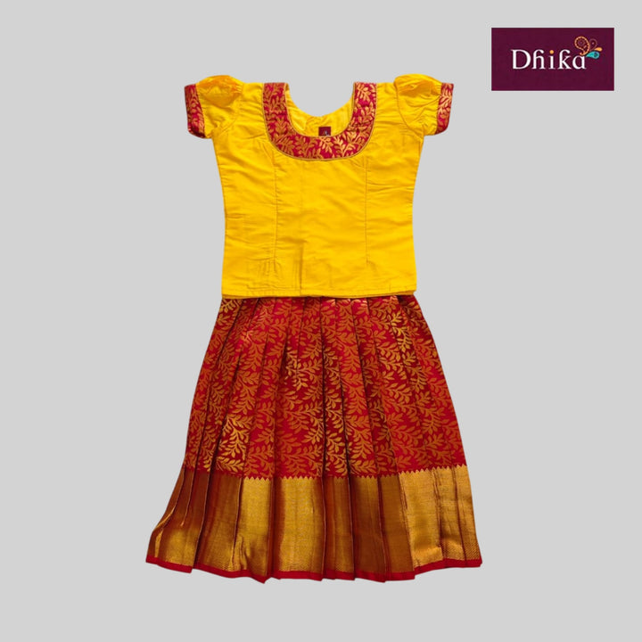 Maroon and Yellow Semi Kanchi Pattu Pavadai for Girls – Traditional Silk Pavadai Sattai