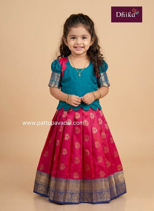 Pink and Blue Mangalagiri Soft Silk Pavadai Sattai for Kids – Festive Pattu Pavadai Set