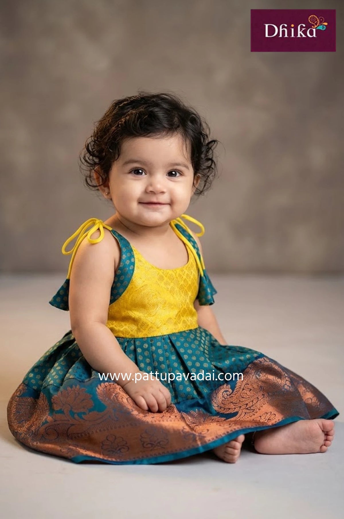 yellow and rama blue brocade silk frock for kids elegant festive wear