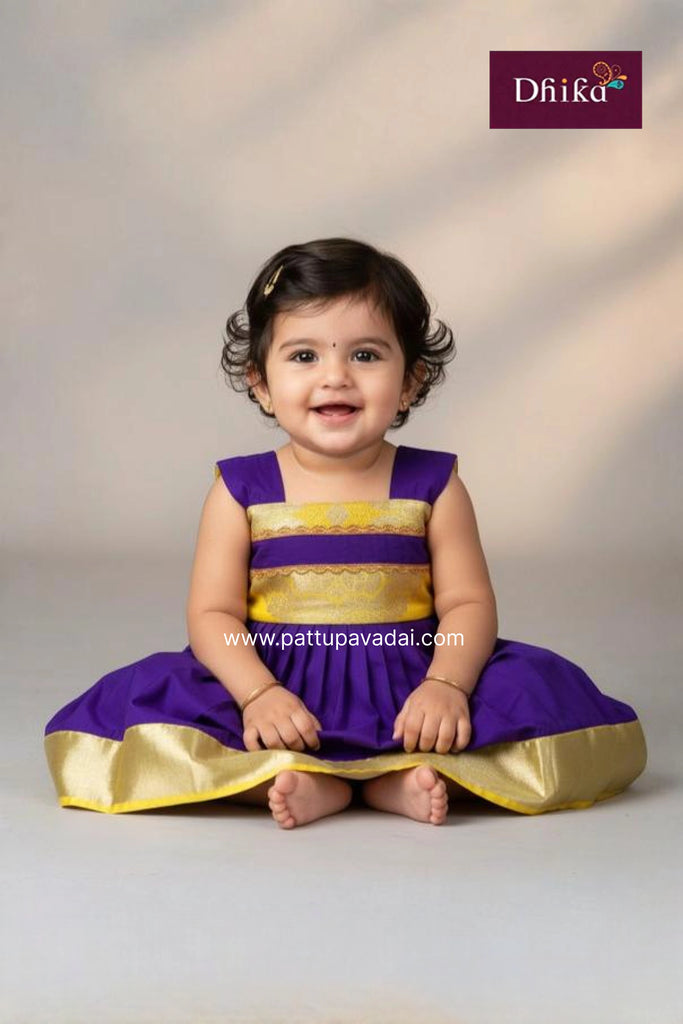 Yellow & Violet Kids Silk Frock for Girls