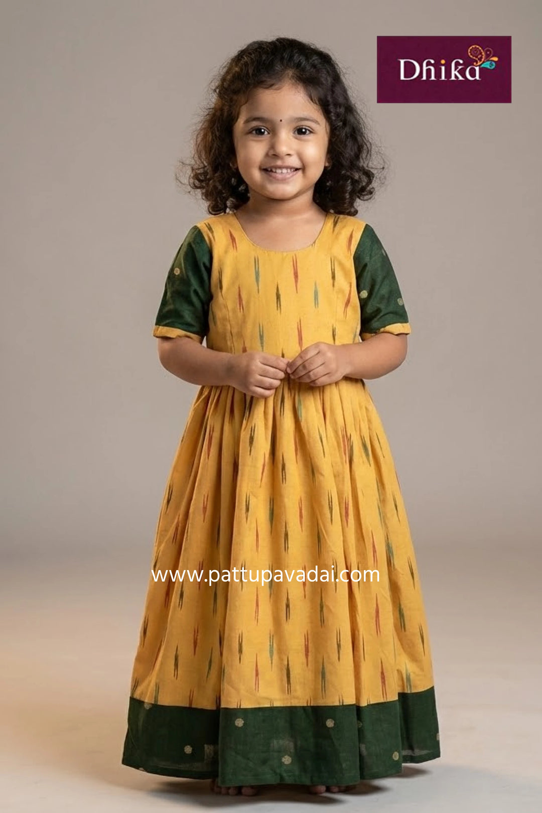 yellow and green ikkat long gown traditional handwoven thread-dyed ikkat party wear gown