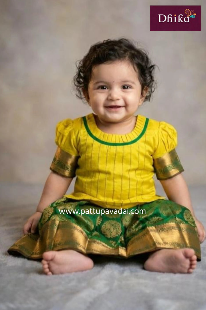 Yellow and Green Pure Silk Pavadai
