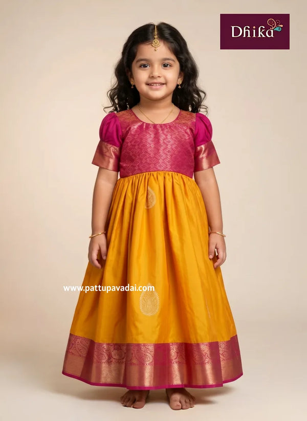 yellow and pink soft silk long gown lightweight traditional long dress for kids and casual wear