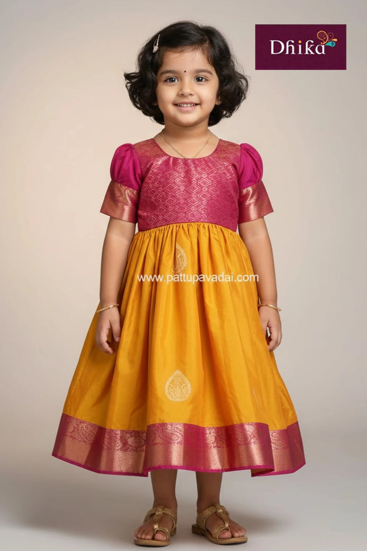 yellow and pink soft silk long gown lightweight traditional long dress for kids and casual wear