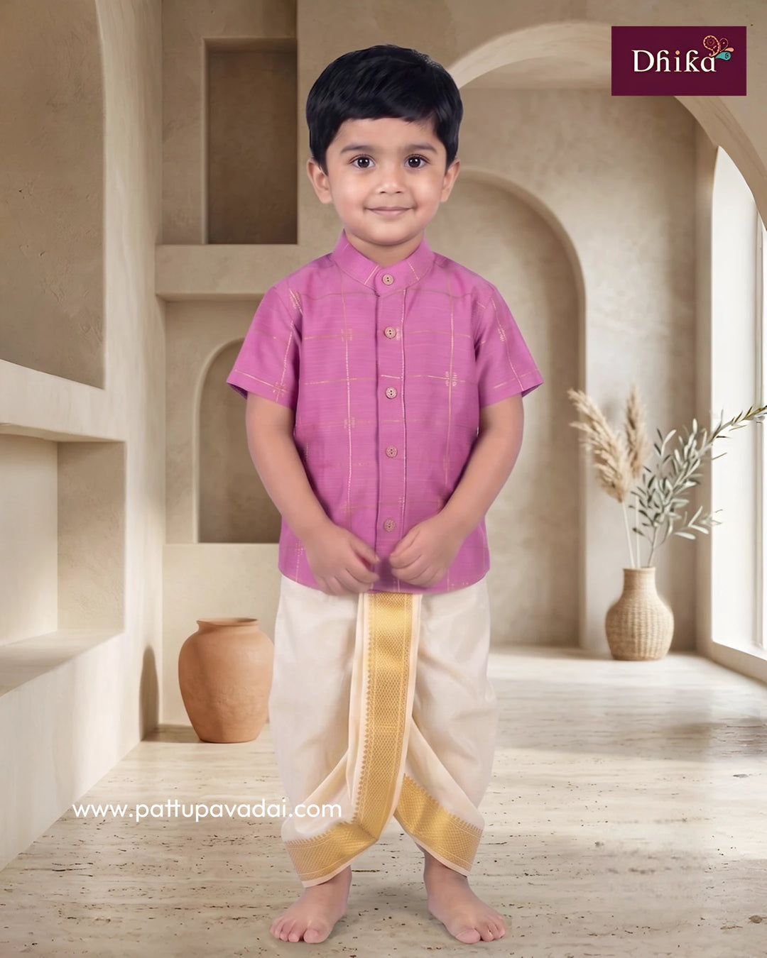 Boy wearing baby pink raw silk shirt for festive occasion