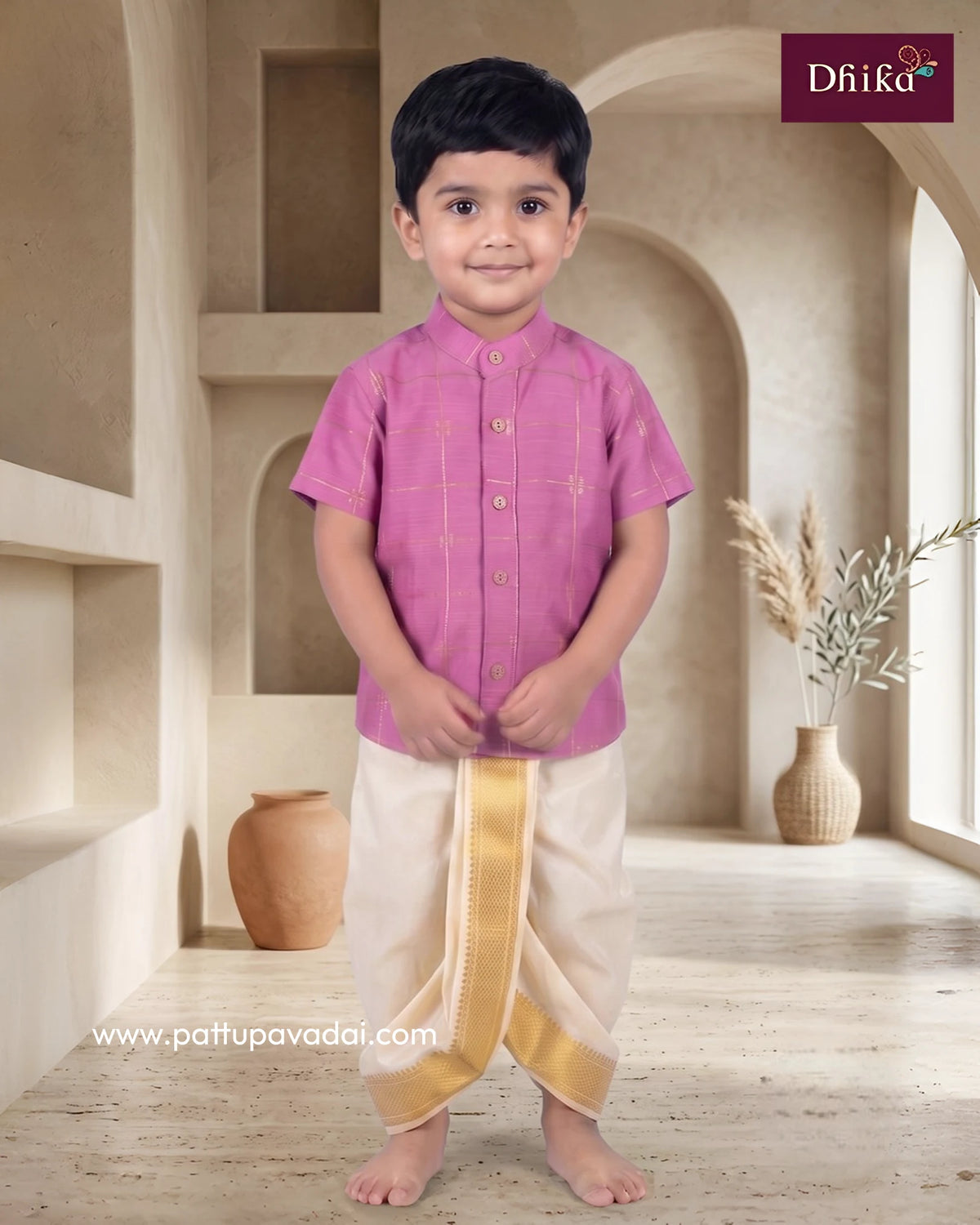 Boy wearing baby pink raw silk shirt for festive occasion