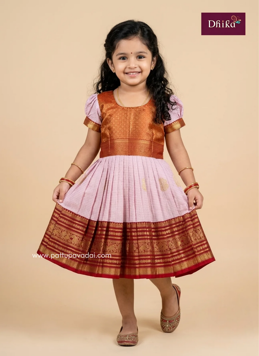 baby pink and red semi Kanchipuram frock for girls front view