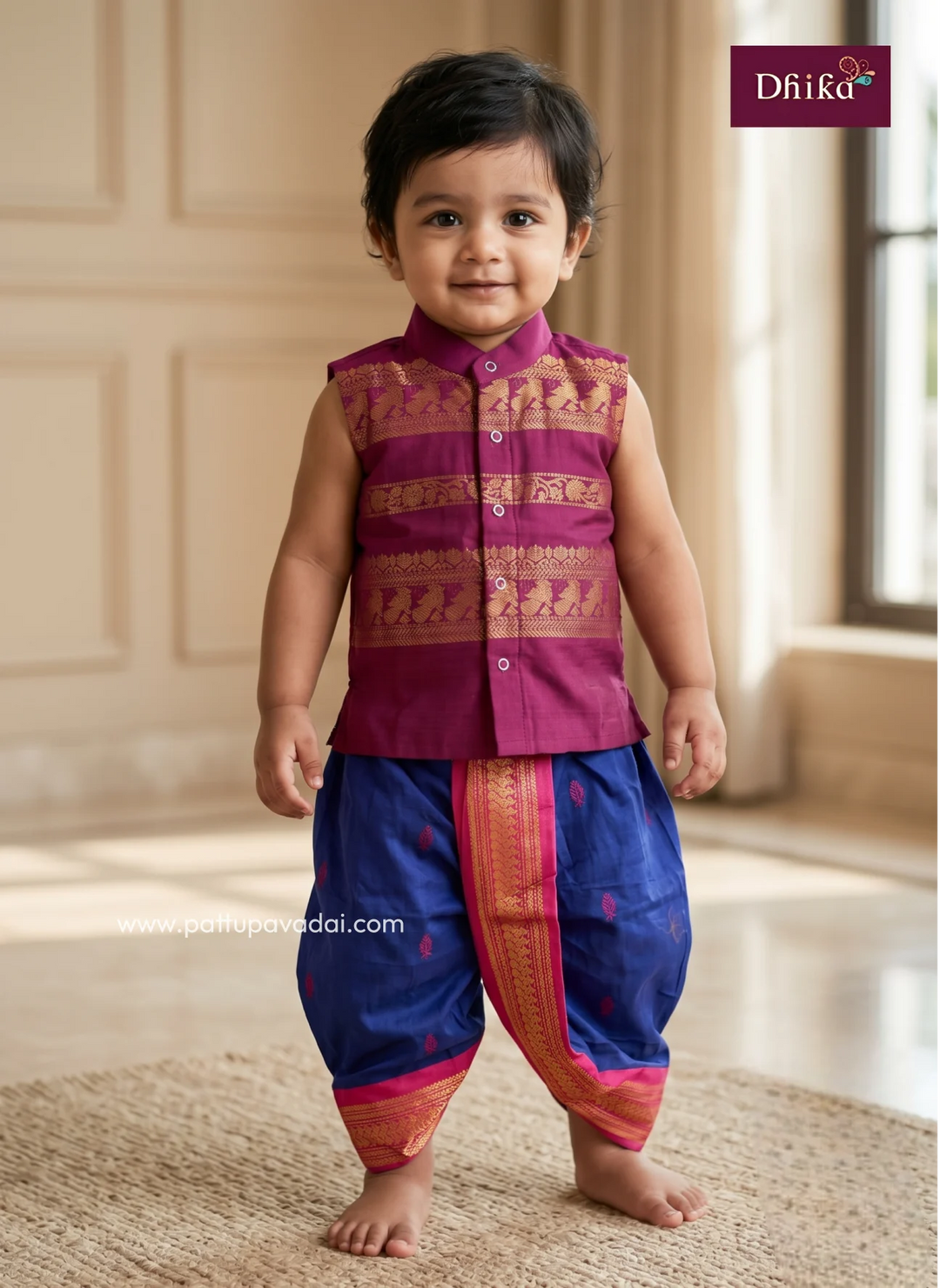 blue and pink ethnic kurta set for boys front view