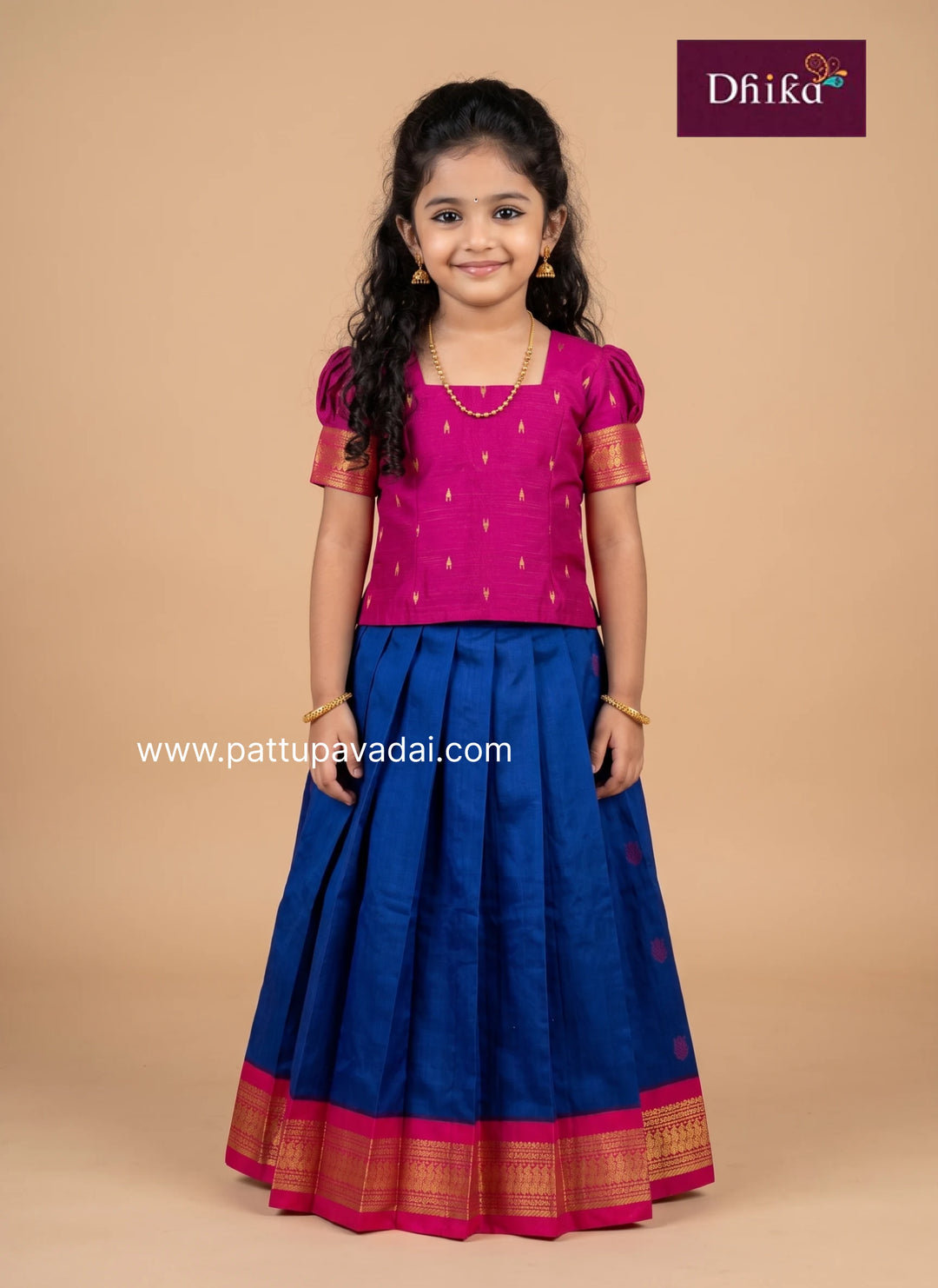 blue and yellow cotton pattu pavadai for girls traditional festive wear