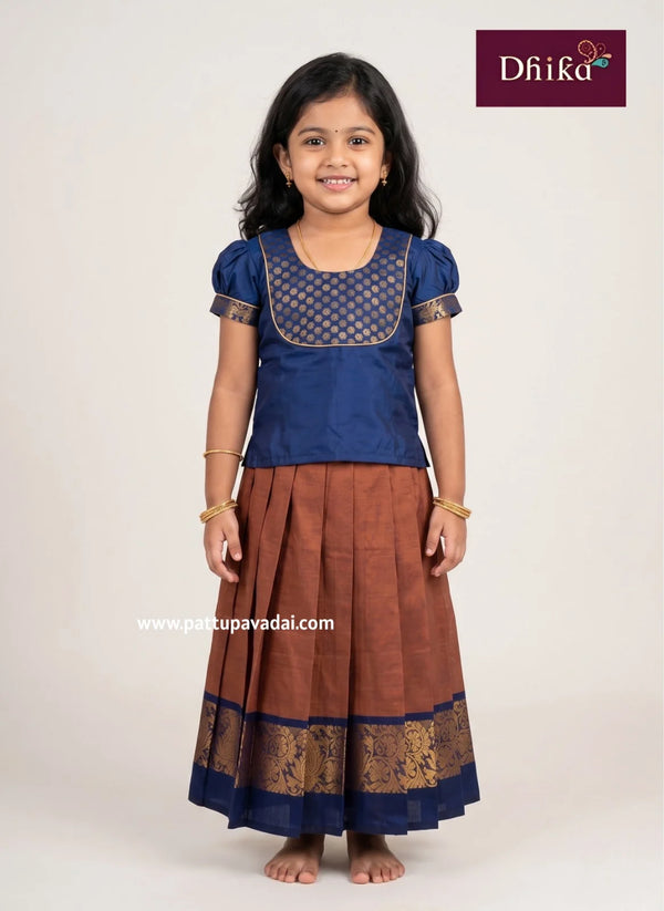 brick red navy chettinad cotton pavadai set for girls
