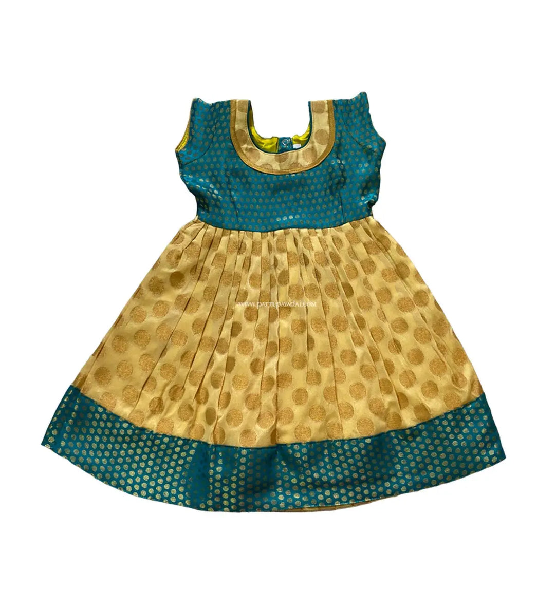 Brocade Frock Cream and Ramagreen - Pattupavadai.com