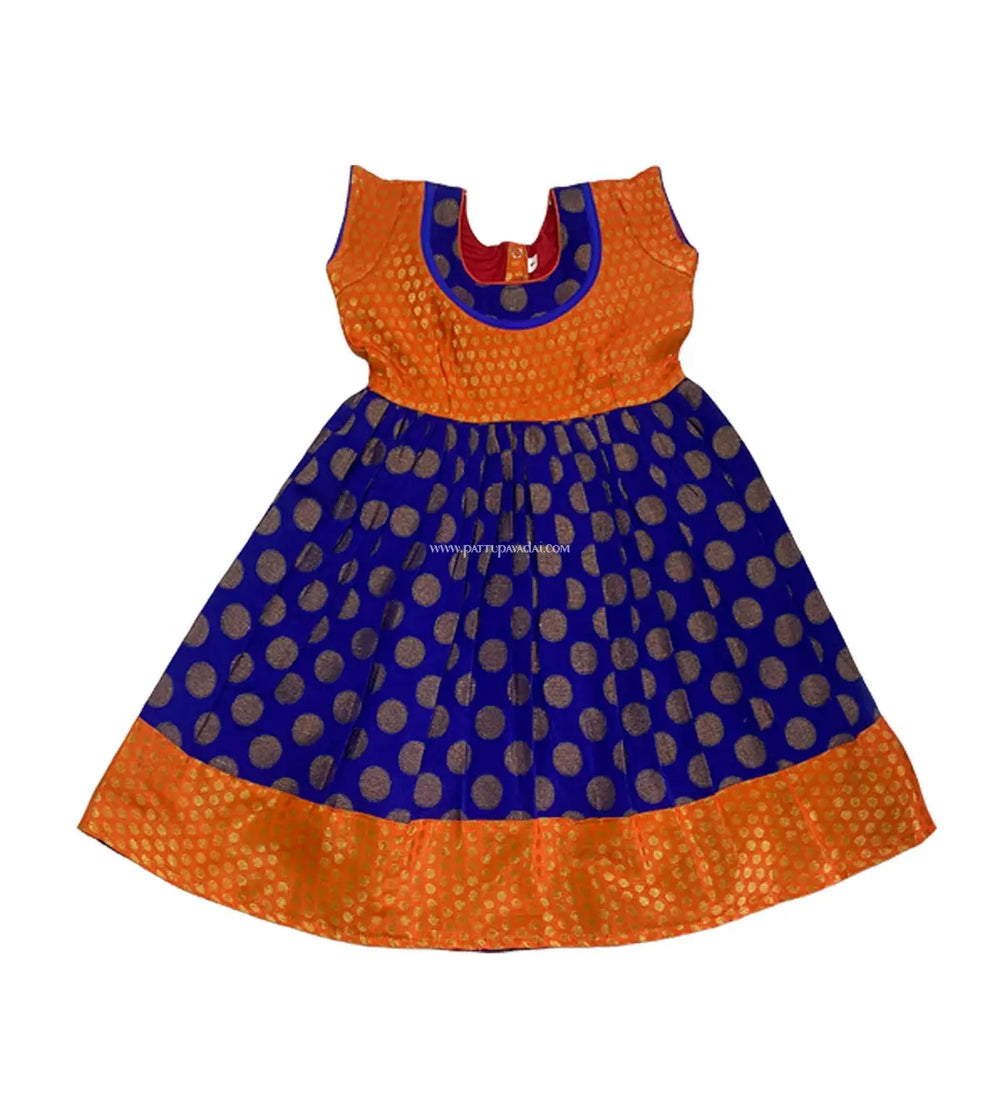 Brocade Frock Orange and Blue - Pattupavadai.com