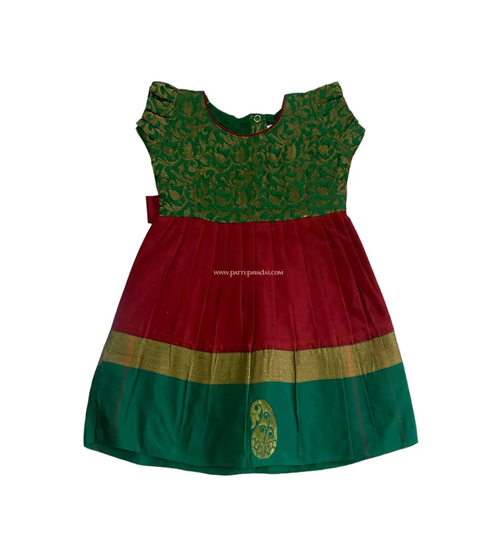 Brocade frock red and green - Pattupavadai.com
