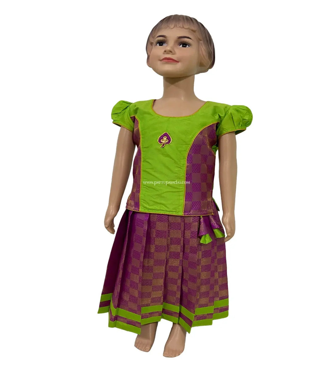 Brocade Magenta Skirt and Parrot Green Top - Pattupavadai.com