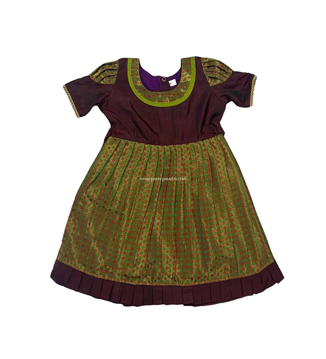 Brocade Silk Frock Brown and Green - Pattupavadai.com