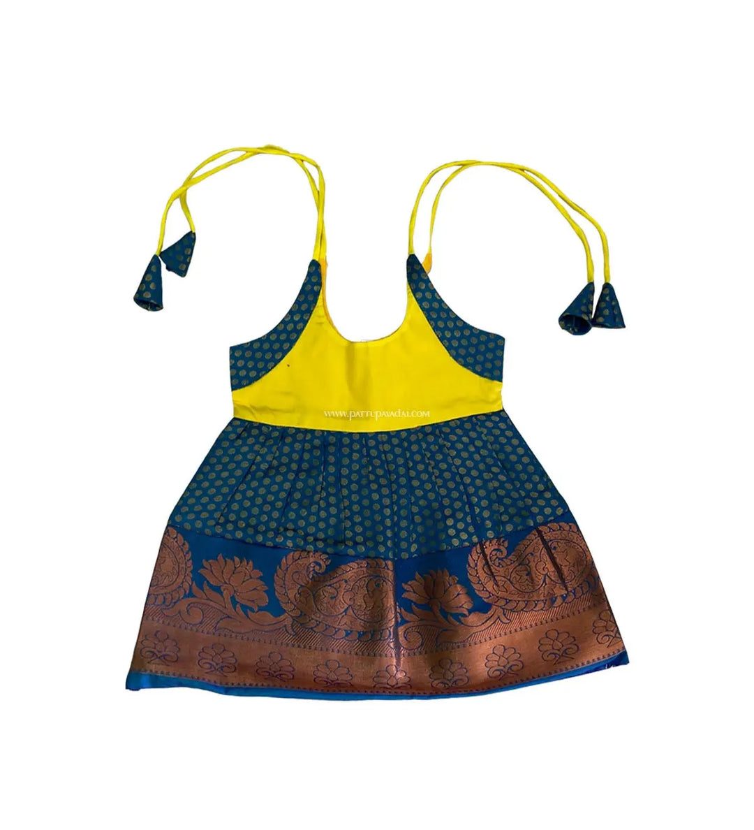 Brocade Silk Frock Yellow and Rama Blue - Pattupavadai.com