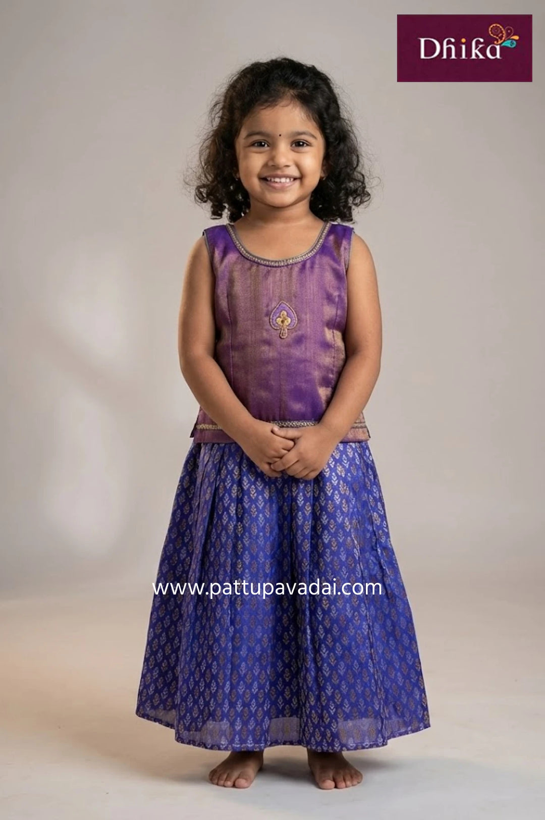 brocade and tissue violet pattu pavadai for kids with golden silver buttas lace work and soft cotton lining