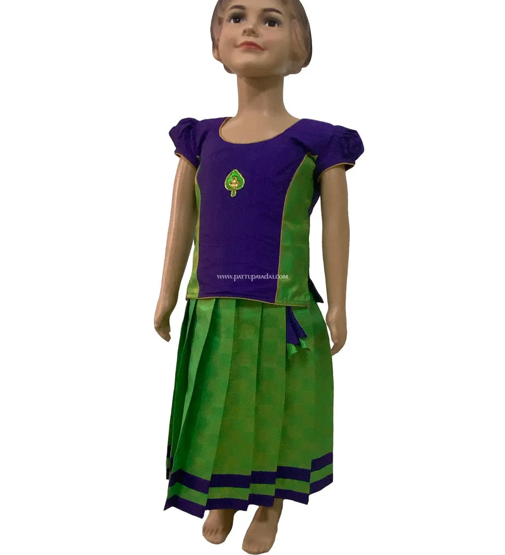 Brocade Violet Skirt and Parrot Green Top - Pattupavadai.com