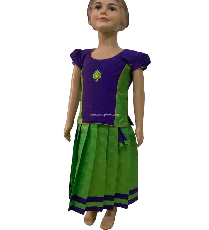 Brocade Violet Skirt and Parrot Green Top - Pattupavadai.com