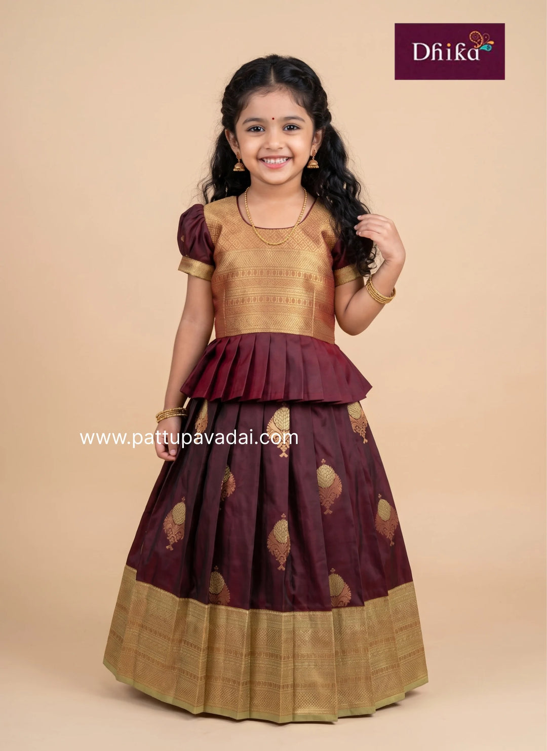 brown and lime green soft silk pavadai for girls front view