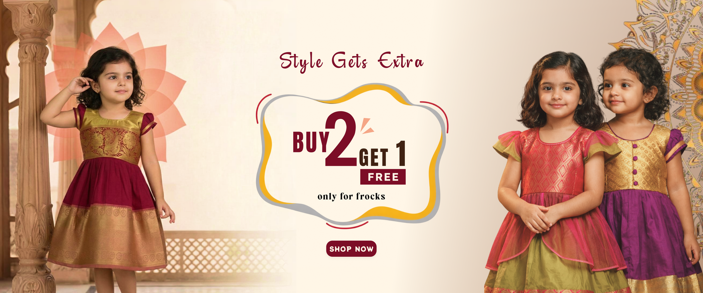 Buy 2 get 1 free girls frocks offer traditional pattu pavadai kids ethnic wear collection India