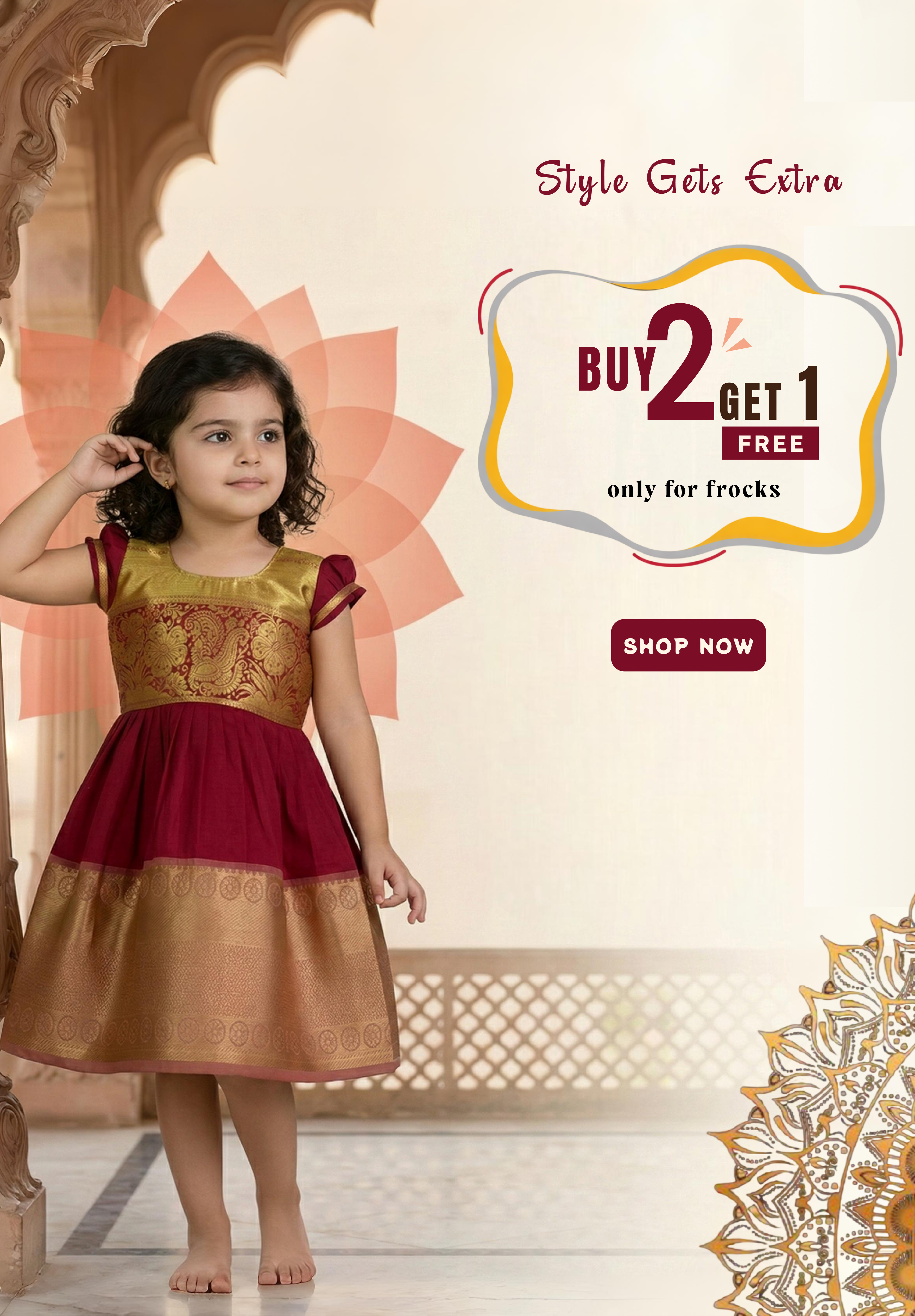 Buy 2 get 1 free offer on girls frocks traditional pattu pavadai kids ethnic wear India