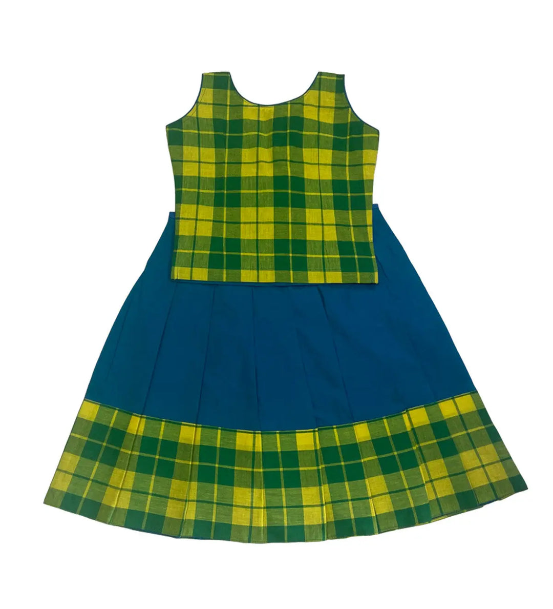 Checked Cotton Top and Peacock Blue Skirt - Pattupavadai.com